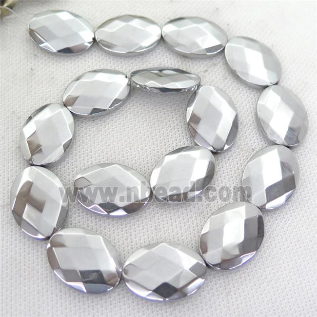 Hematite Beads, faceted oval, silver plated