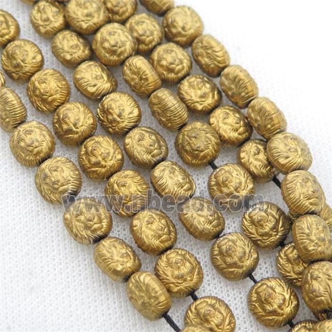 matte Hematite Lion Beads, gold electroplated