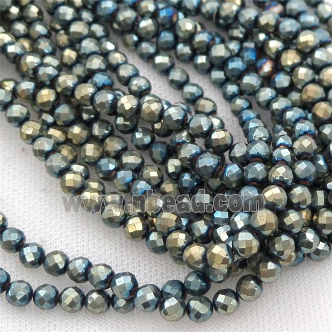 Hematite beads, faceted round, bluegold electroplated