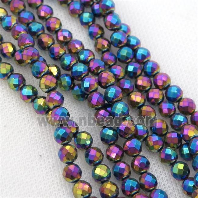 Hematite beads, faceted round, rainbow electroplated