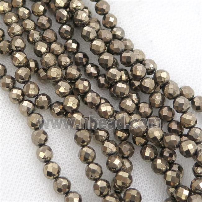 Hematite beads, faceted round, pyrite color electroplated