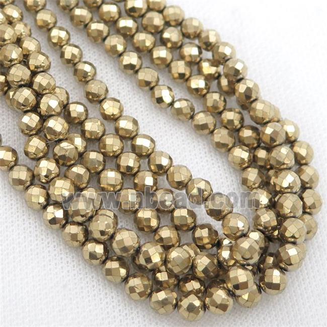 Hematite beads, faceted round, gold electroplated