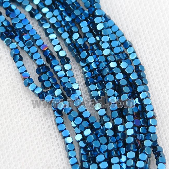 Blue Hematite Beads Faceted Cube Electroplated