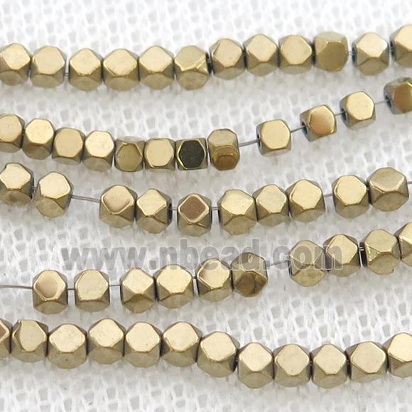 Gold Hematite Beads Faceted Cube Electroplated
