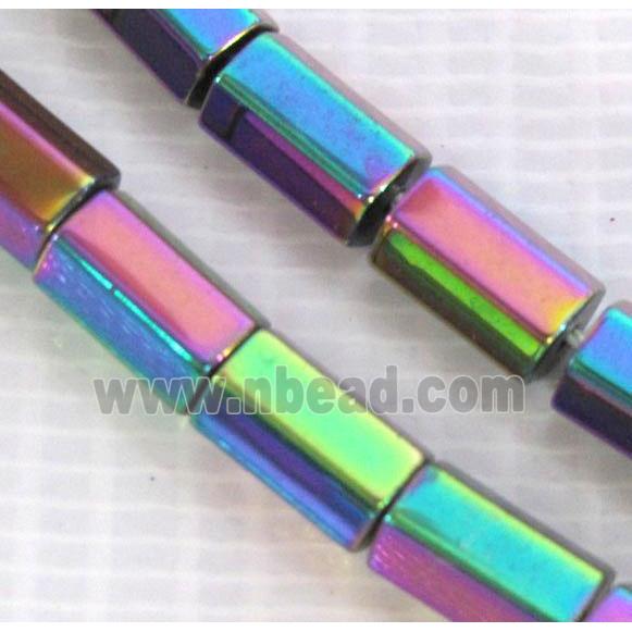 Hematite beads, faceted-tube, no-Magnetic, rainbow electroplated