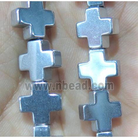 hematite beads, cross, silver plated, no magnetic