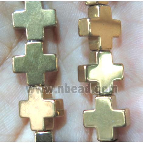 hematite beads, cross, gold plated, no magnetic