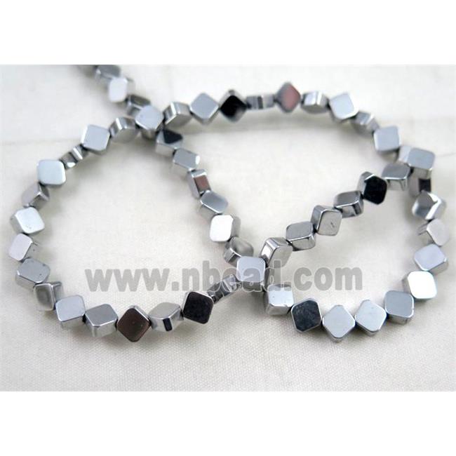 hematite rhombic beads, platinum electroplated