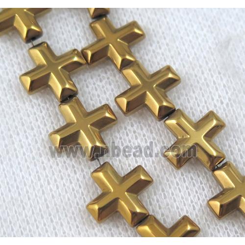 hematite cross beads, gold electroplated