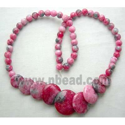 Jade Necklace, flat round, hot pink, 16"