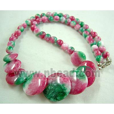 Jade Necklace, coin round, pink/green, 16"