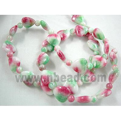 Jade beads, heart, round, pink/white