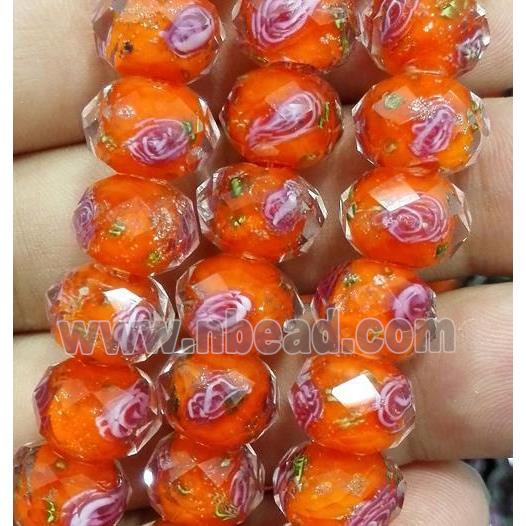 lampwork glass bead, within flower, faceted rondelle