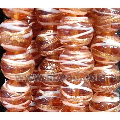 glass lampwork beads with goldsand line, round, orange