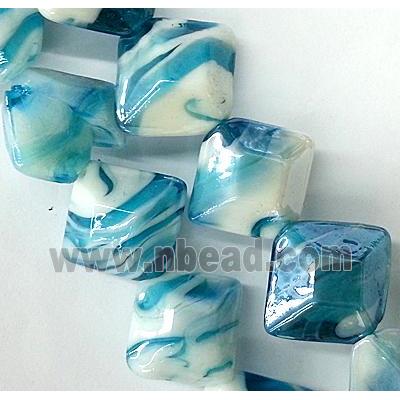 Plated Lampwork glass bead, square, peacock blue