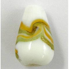 lampwork glass beads with swirl goldsand, teardrop, white
