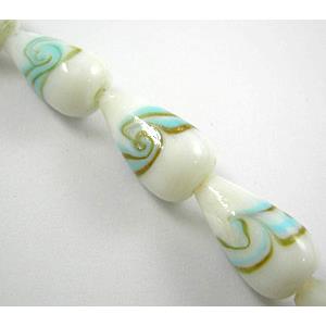 lampwork glass beads with swirl goldsand, teardrop, white