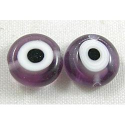 lampwork glass beads with evil eye, flat-round, purple