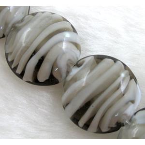 lampwork glass beads, flat-round, swirl line, grey
