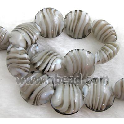 lampwork glass beads, flat-round, swirl line, grey
