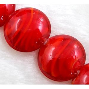 lampwork glass beads, flat-round, swirl line, ruby