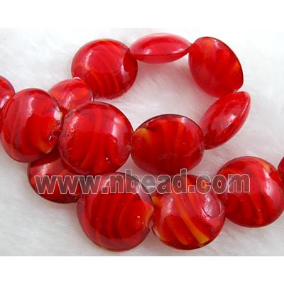 lampwork glass beads, flat-round, swirl line, ruby