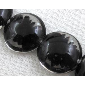 lampwork glass beads, flat-round, swirl line, black