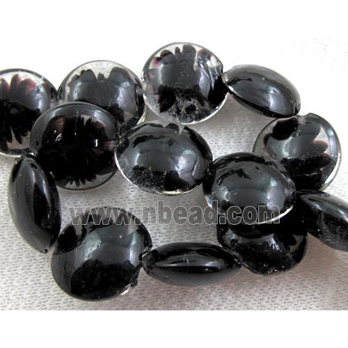 lampwork glass beads, flat-round, swirl line, black