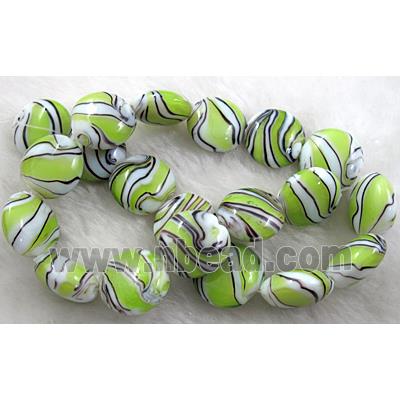 zebra lampwork glass beads, flat-round, olive