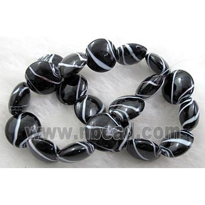 zebra lampwork glass beads, flat-round, black