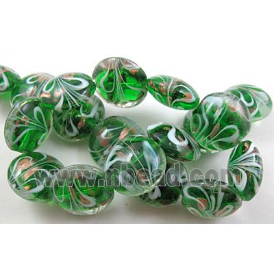 stripe lampwork glass beads, flat-round, green