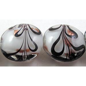 stripe lampwork glass beads, flat-round, white