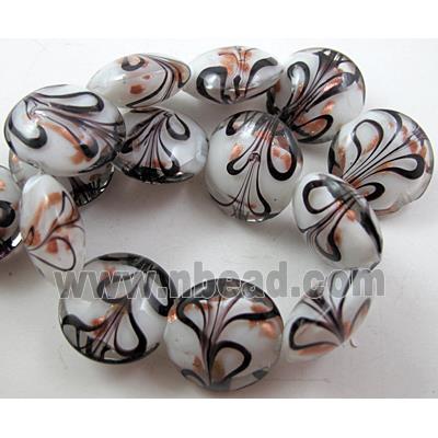 stripe lampwork glass beads, flat-round, white
