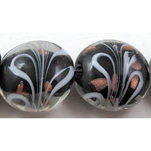 stripe lampwork glass beads, flat-round, black