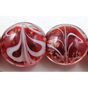 stripe lampwork glass beads, flat-round, red