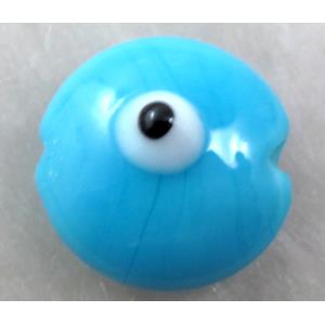  lampwork glass beads with evil eye, flat-round, aqua
