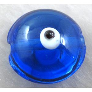  lampwork glass beads with evil eye, flat-round, blue