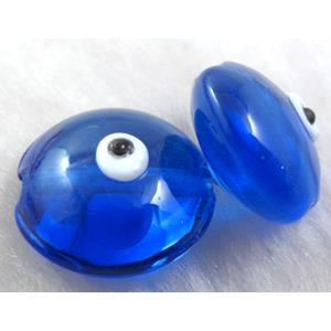  lampwork glass beads with evil eye, flat-round, blue