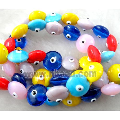  lampwork glass beads with evil eye, flat-round, mixed color