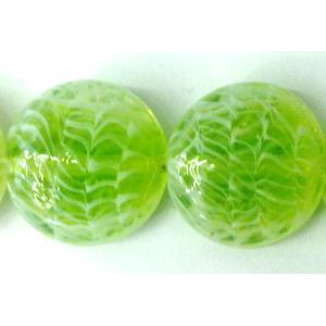 lampwork glass beads, flat-round, line, olive