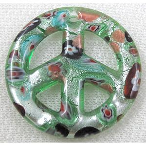 lampwork glass pendant with silver foil, peace sign, green