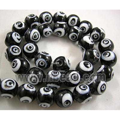 lampwork glass beads with evil eye, round, black