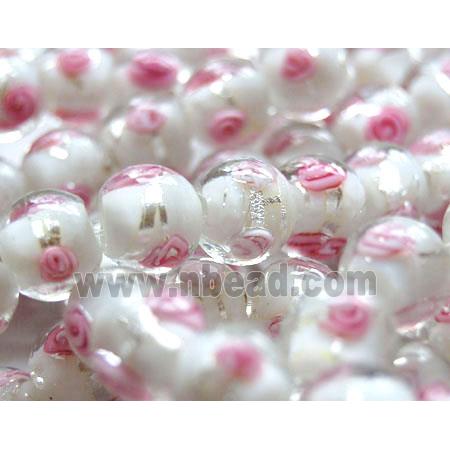 glass lampwork beads with silver foil, round, pink flower, white