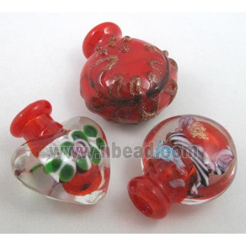 red glass lampwork pendant, bottle, mixed shaped