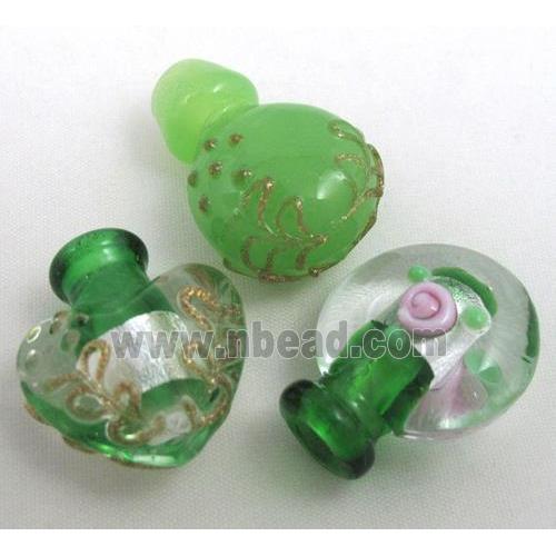 green glass lampwork bottle pendant, mixed shaped