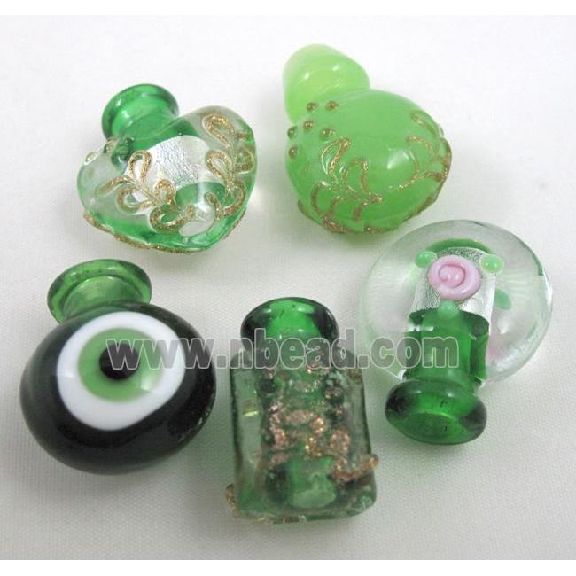 green glass lampwork bottle pendant, mixed shaped
