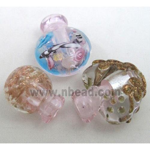 pink glass lampwork bottle pendant, mixed shaped