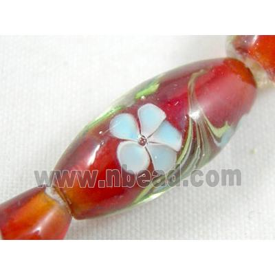 red lampwork glass beads, barrel, flower