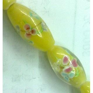 glass lampwork beads, barrel, flower, yellow