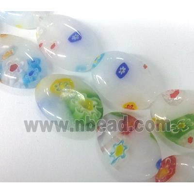 Millefiori glass bead, flat-oval, mixed